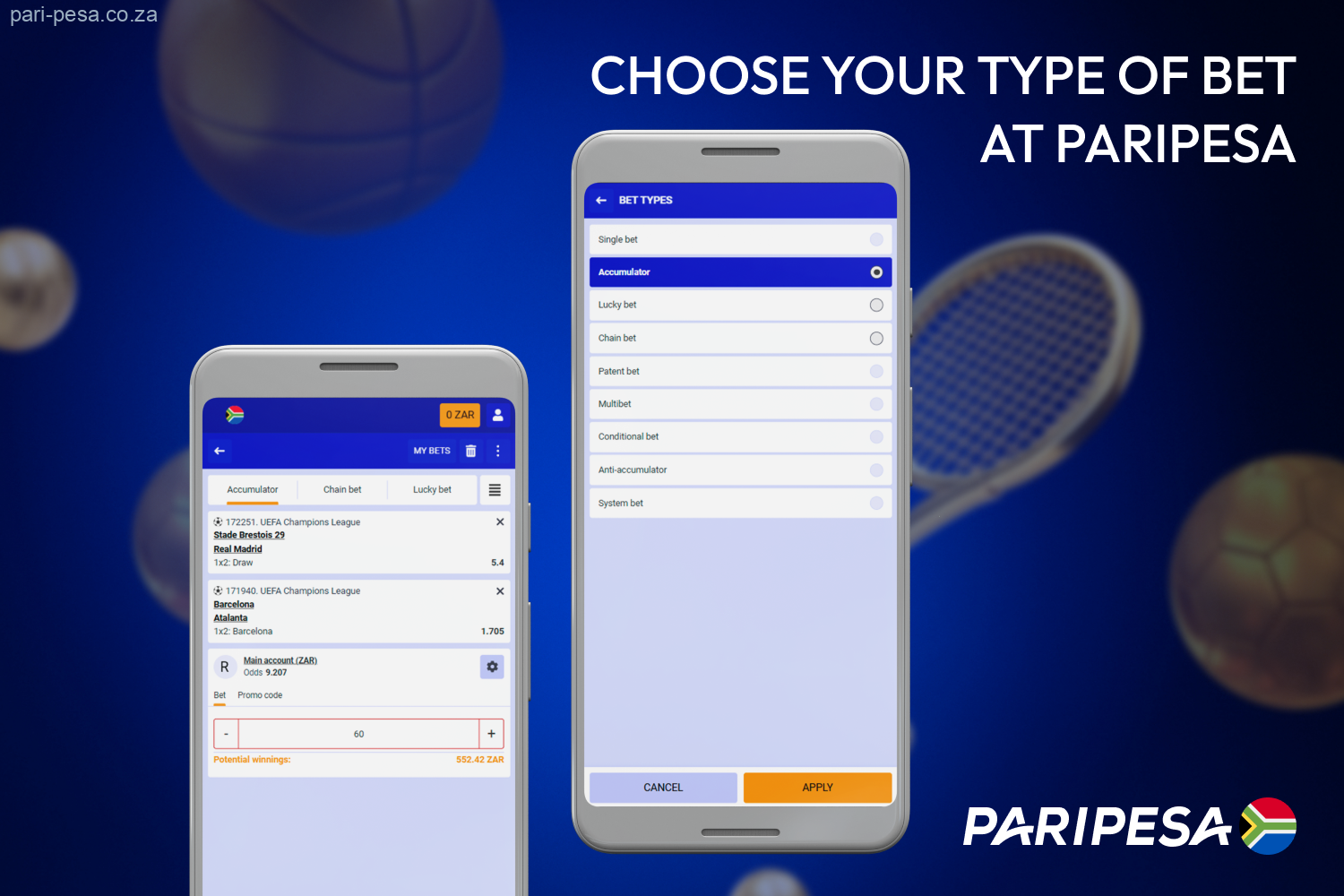 Single, Accumulator, Chain, and System are the main bet types presented on the official Paripesa site