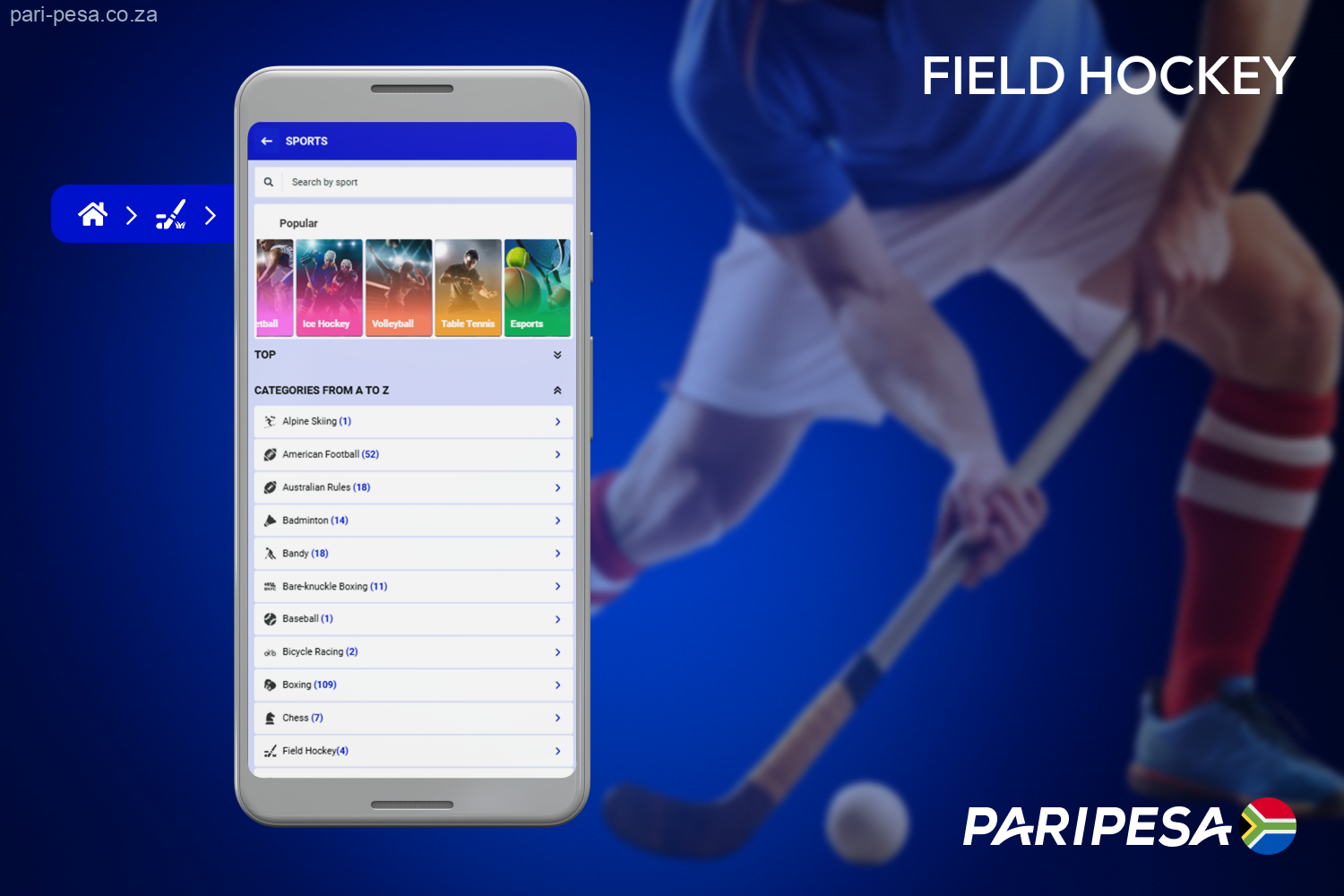 Field hockey is represented among the sports on Paripesa