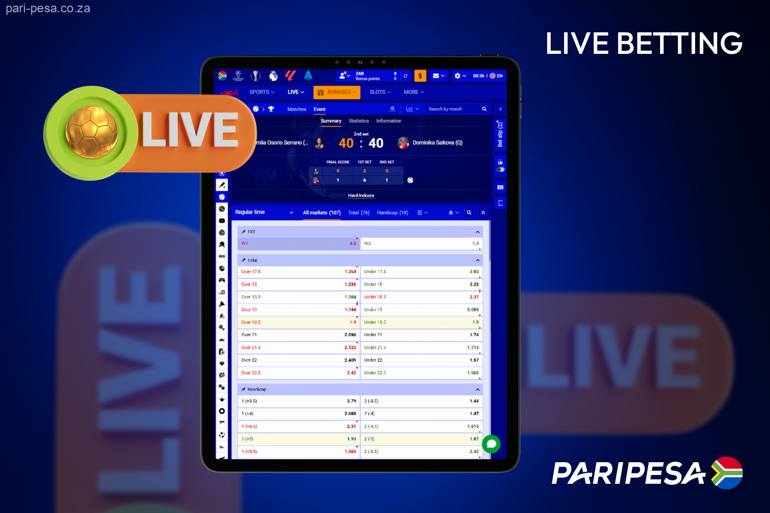 South African players can access the live betting section at Paripesa